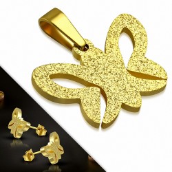 Pendentif en forme de charm de papillon sablé en acier inoxydable doré avec paire de Boucles d'oreilles clous (SET)