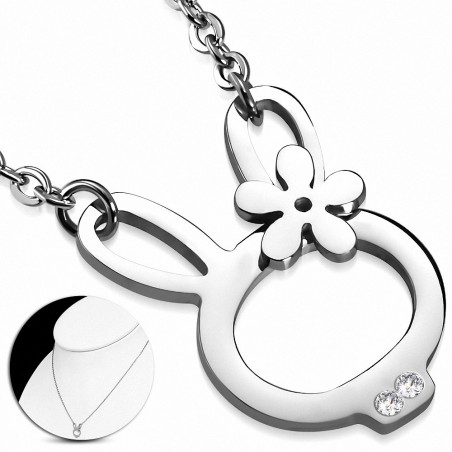 Collier chaîne en acier inoxydable avec breloque lapins et fleurs avec zircon clair