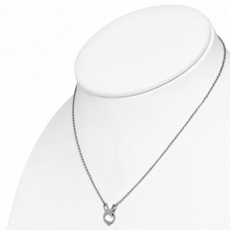 Collier chaîne en acier inoxydable avec breloque lapins et fleurs avec zircon clair