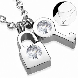 Collier avec pendentif serrure mini cadenas avec fermoir à pince de homard en acier inoxydable  Clear CZ