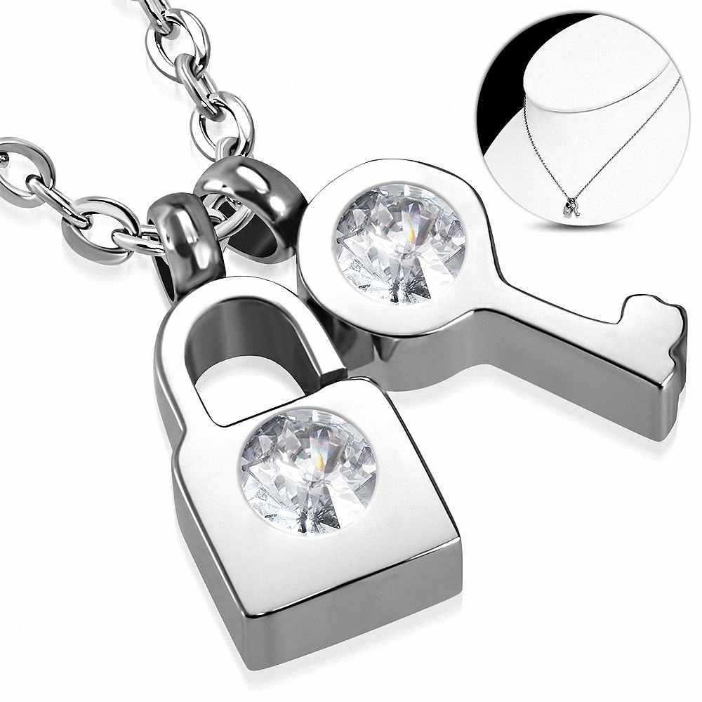 Collier avec pendentif serrure mini cadenas avec fermoir à pince de homard en acier inoxydable  Clear CZ
