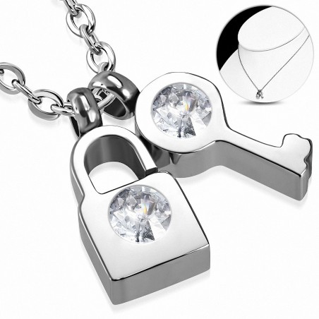 Collier avec pendentif serrure mini cadenas avec fermoir à pince de homard en acier inoxydable  Clear CZ