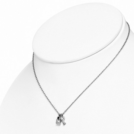 Collier avec pendentif serrure mini cadenas avec fermoir à pince de homard en acier inoxydable  Clear CZ