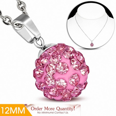 12mm | Collier avec chaîne à pendentif Shamballa en acier inoxydable Argil Disco Ball avec Rose CZ Rose