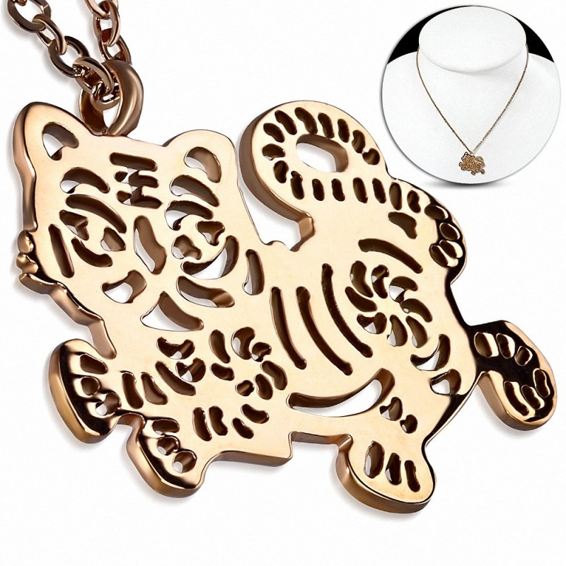 Collier en chaîne avec breloque tigre en filigrane en acier inoxydable plaqué de couleur d'or rose / rose