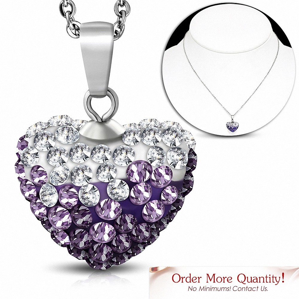 Collier avec chaîne à pendentif Shamballa en forme de coeur d'amour en acier inoxydable violet clair