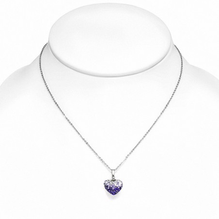 Collier avec chaîne à pendentif Shamballa en forme de coeur d'amour en acier inoxydable violet clair