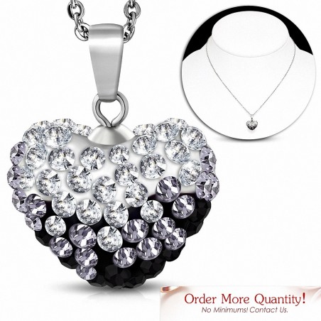 Collier avec chaîne à pendentif Shamballa en forme de coeur d'amour en acier inoxydable avec Clear & Jet Black CZ