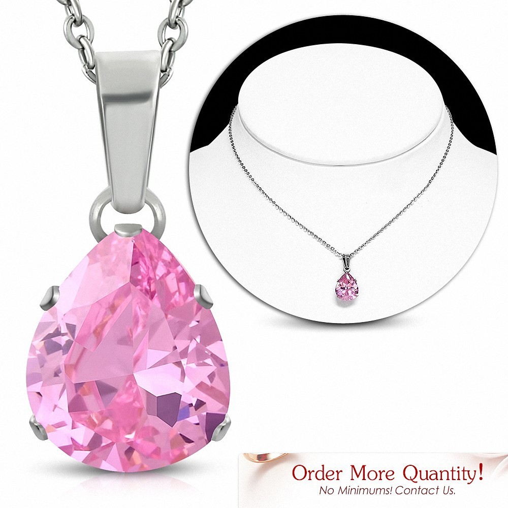 Collier chaîne en acier inoxydable avec pendentif / larme et pendentif en forme de larme avec rose CZ