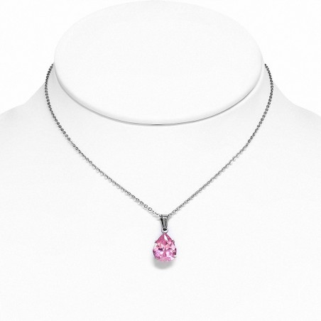 Collier chaîne en acier inoxydable avec pendentif / larme et pendentif en forme de larme avec rose CZ