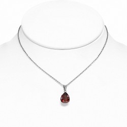 Collier chaîne en acier inoxydable avec pendentif / larme et griffes Siam rouge CZ