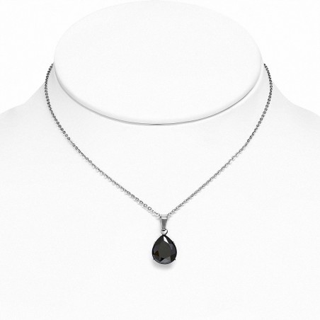 Collier chaîne en acier inoxydable avec pendentif / larme et pendentif en forme de larme avec Jet Black CZ