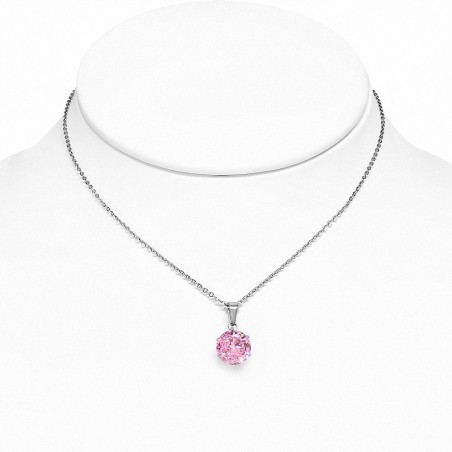 Collier chaîne en acier inoxydable avec pendentif cercle et breloques rondes avec rose CZ