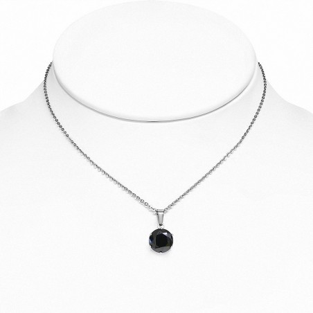 Collier chaîne en acier inoxydable avec pendentif cercle et breloques rondes avec Jet Black CZ