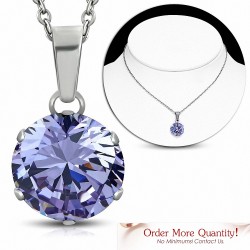 Collier chaîne en acier inoxydable avec breloque cercle rond et serti avec violet clair / violet CZ