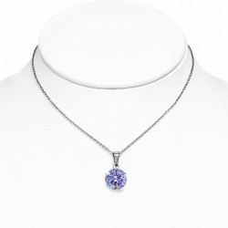 Collier chaîne en acier inoxydable avec breloque cercle rond et serti avec violet clair / violet CZ
