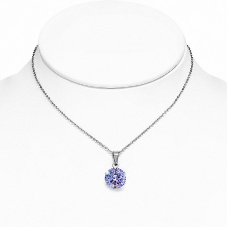 Collier chaîne en acier inoxydable avec breloque cercle rond et serti avec violet clair / violet CZ