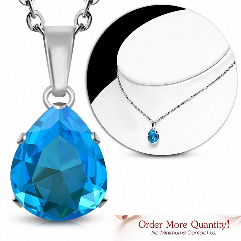 Collier à pendentif en forme de larme en acier inoxydable avec pendentif / larme avec bleu ciel / aigue-marine CZ