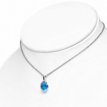 Collier à pendentif en forme de larme en acier inoxydable avec pendentif / larme avec bleu ciel / aigue-marine CZ