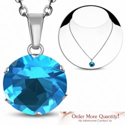 Collier chaîne en acier inoxydable avec pendentif cercle et breloques rondes avec bleu ciel / aigue-marine CZ