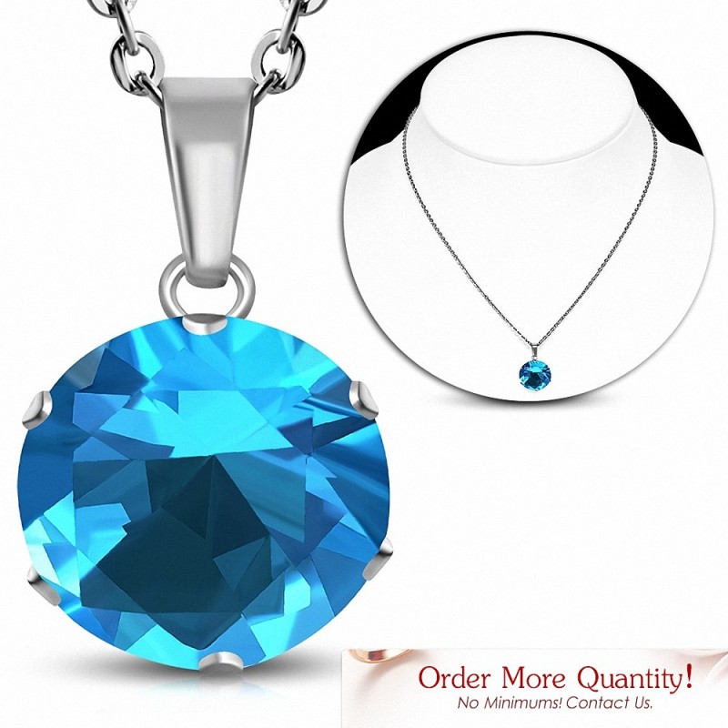 Collier chaîne en acier inoxydable avec pendentif cercle et breloques rondes avec bleu ciel / aigue-marine CZ