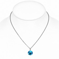 Collier chaîne en acier inoxydable avec pendentif cercle et breloques rondes avec bleu ciel / aigue-marine CZ