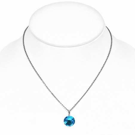 Collier chaîne en acier inoxydable avec pendentif cercle et breloques rondes avec bleu ciel / aigue-marine CZ