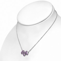 Collier en acier inoxydable à trois spacer pavées de perles de Shamballa avec chaîne à pendentif avec glissière et lavande CZ
