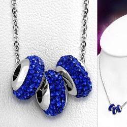 Collier en acier inoxydable à trois rangées de perles Shamballa avec collier de perles à glissière et capri bleu CZ
