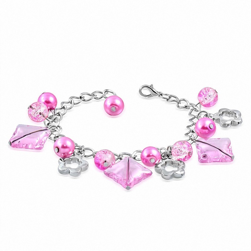 Alliage de mode rose perle de verre perle carrée fleur bracelet de lien maillon