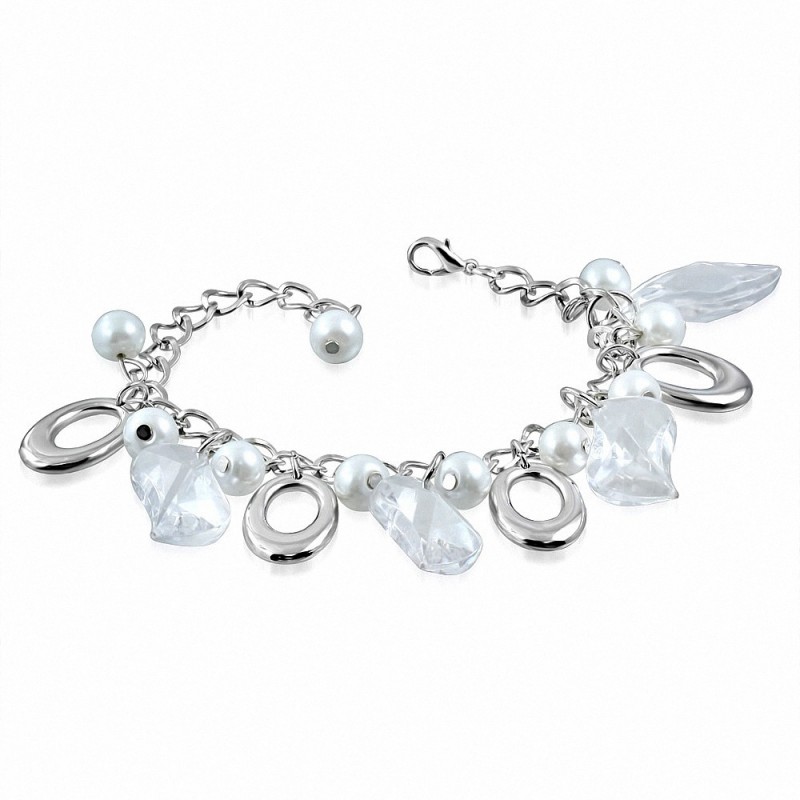 Bracelet en alliage à la mode en perles de verre blanches avec perles et breloques ovales