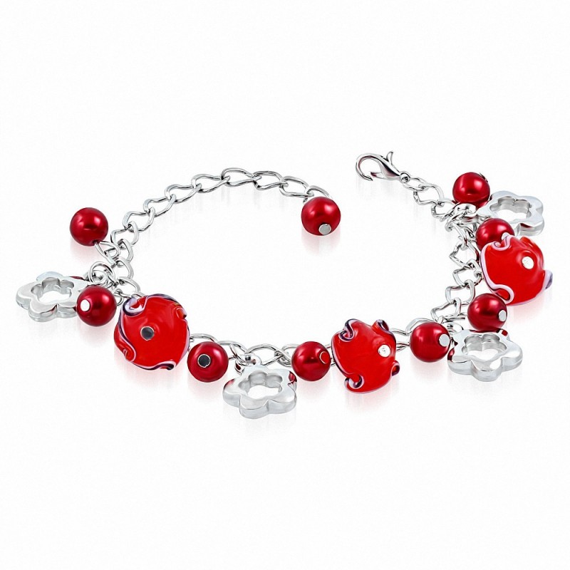 Alliage de mode bracelet de perles de charm perle de verre rouge perle boule fleur lien