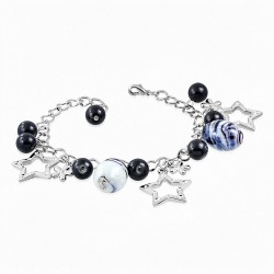 Bracelet en alliage de mode en alliage de perles de verre noir avec fleur