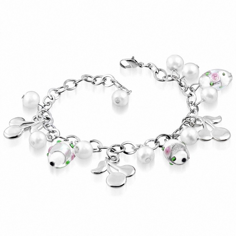 Alliage de mode blanc perle de verre perle fleur boule cerise charm lien chaîne de bracelet