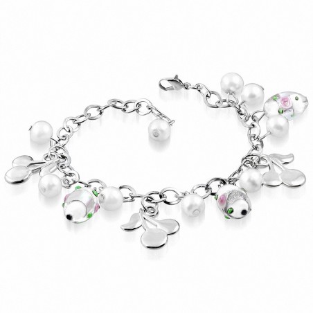 Alliage de mode blanc perle de verre perle fleur boule cerise charm lien chaîne de bracelet