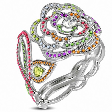 Bracelet manchette vigne en cristal en alliage à la mode en forme de fleur de rose avec CZ coloré