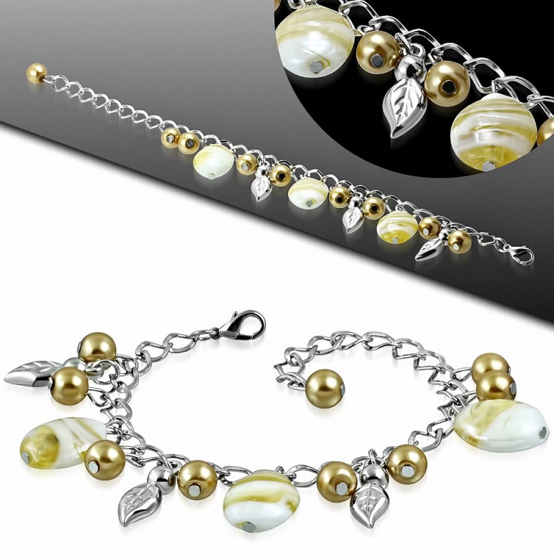 Alliage de mode bracelet en or jaune perle de perles de verre feuille feuille de breloque charm ovale