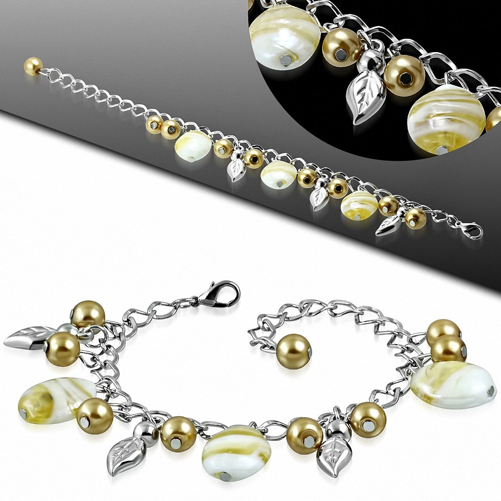 Alliage de mode bracelet en or jaune perle de perles de verre feuille feuille de breloque charm ovale