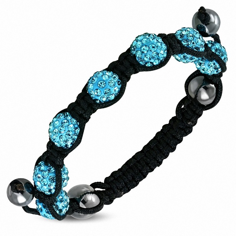 Bracelet réglable en corde hermite et 7 ballons Argil Disco Shamballa noir avec aigue-marine CZ