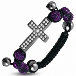 Disco Ball Shamballa de style hématite & argente bracelet ajustable croix avec améthyste et verre transparent