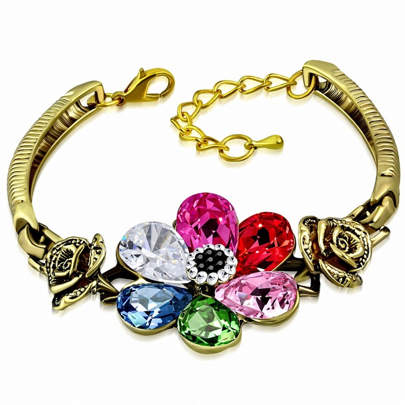 Mode alliage couleur doré plaqué Bali inspiré bracelet de chaîne d'extension de fleur de cristal  CZ coloré
