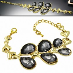 Bracelet en  alliage doré avec chaînette de rallonge en forme de cœur en forme de larme avec onyx noir à facettes