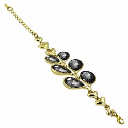 Bracelet en  alliage doré avec chaînette de rallonge en forme de cœur en forme de larme avec onyx noir à facettes