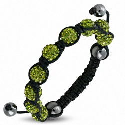 Bracelet ajustable en corde hermite et 9 ballons Argil Disco Shamballa noirs avec Olivine pâl