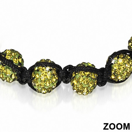 Bracelet ajustable en corde hermite et 9 ballons Argil Disco Shamballa noirs avec Olivine pâle CZ