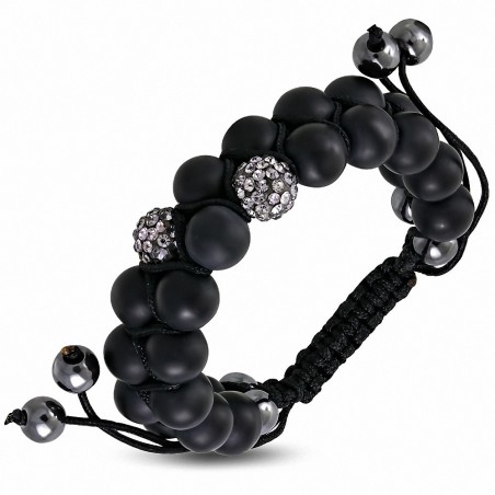 Bracelet hématite & argile disco Shamballa noir avec cordon ajustable et cordon double avec ajustement de fil de canon