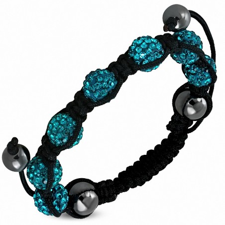 Bracelet ajustable en cordon hermite et 7 ballons Argil Disco Shamballa noir avec zircon bleu CZ