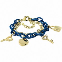 Bracelet en alliage de mode doré avec cordon bleu et cœur en alliage