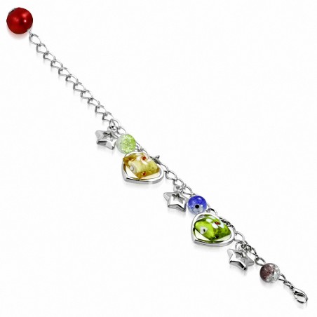 Alliage de mode coloré perle de verre rose fleur carrée étoile ouverte amour coeur charm lien chaîne bracelet