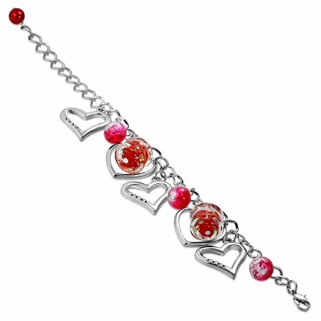 Alliage de mode tube de perles de verre colorées bracelet ouvert bracelet de lien de charm d'amour coeur
